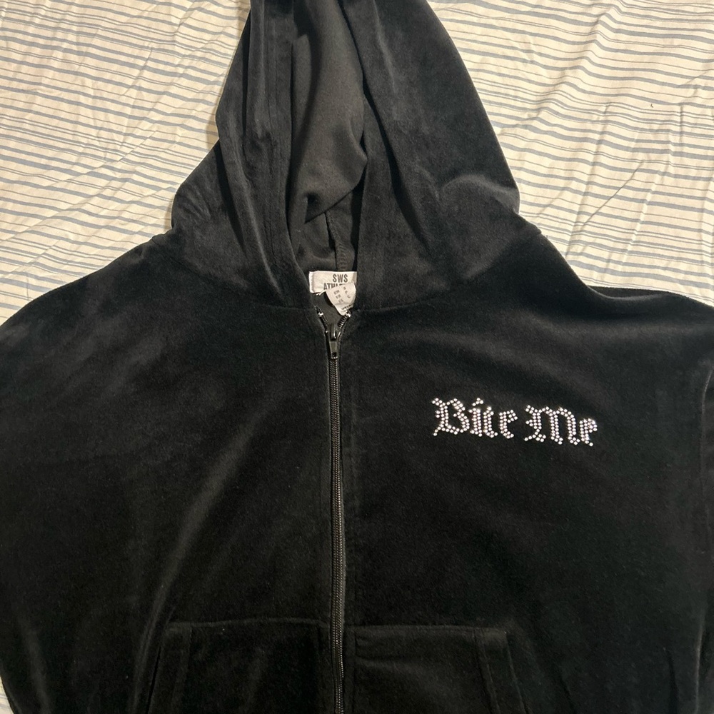 Black Zip-Up Hoodie with 'Bite Me' Design